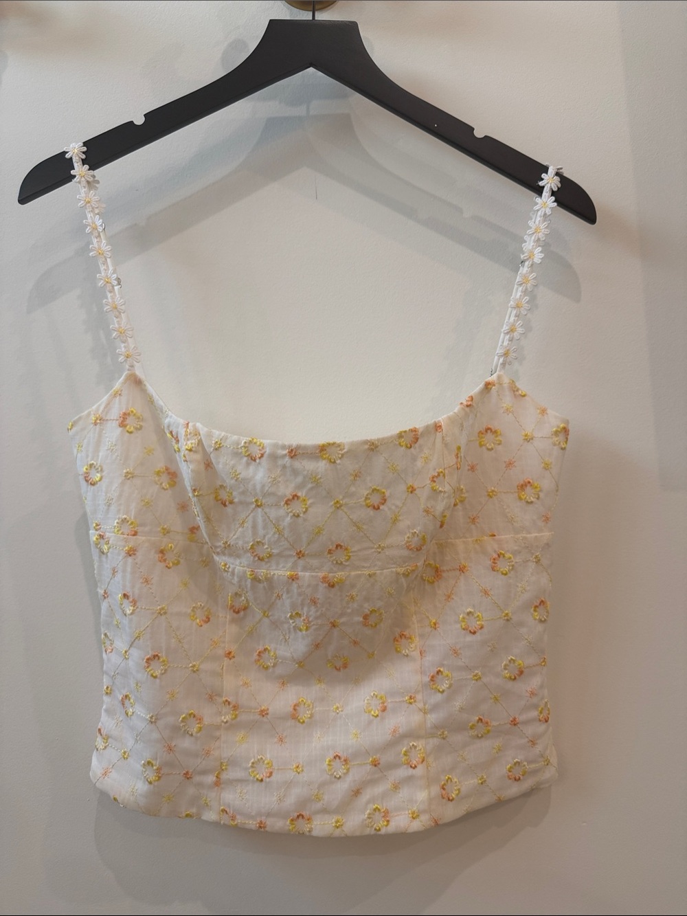 White Floral Embroidered Daisy-Trim Spaghetti Strap Cami